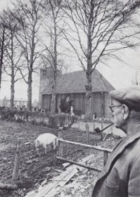 Boer Hendrik Aalders Dorpsweg 78 hoek Kerkweg met varken rond 1978 FB 1 aug. 2015.jpg