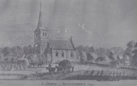 Kerk Spankeren met daarvoor twee paarden en voerlieden met vol gepakte wagen bij akkerland 1743 FB 28 juli 2015 RWB.jpg