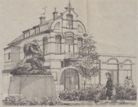 Tekening 'Rhedense Leeuw' en verenigingsgebouw 'Ons Huis' aan de Schoolweg Rheden 1976. De Leeuw die vanaf 1913 tot 1923 voor het toenmalig gemeentehuis in De Steeg stond. De uit zandste.jpg